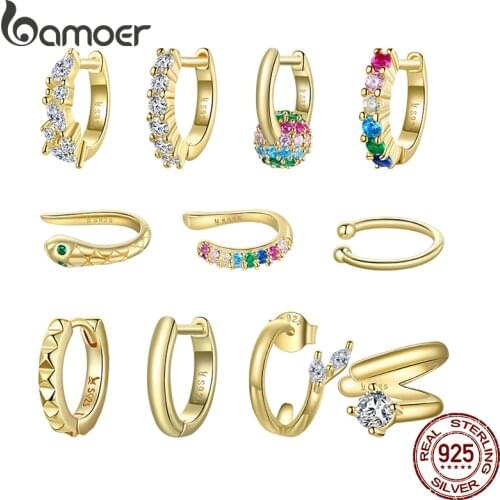 Bamoer 1 PC Single Hoop Earrings Cuff for Women Gold Color 925 Sterling Silver Jewelry Rainbow Color Brincos SCE1080