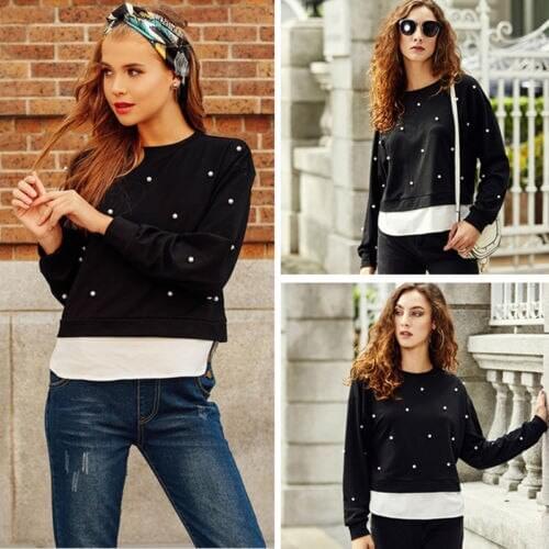 2017 Women Tops Fashion Long Sleeve Top O-neck Shirt Dot Print Ladies Casual Pearl T-Shirt