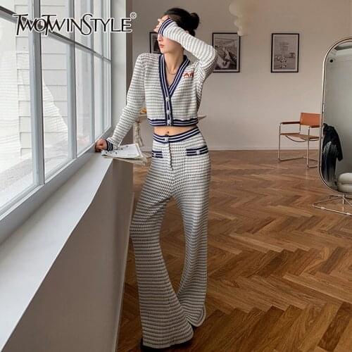 TWOTWINSTYLE Casual Knitting Suits For Female Deep V Neck Long Sleeve Coat With High Waist Pant Womens Set Fashion New 2021