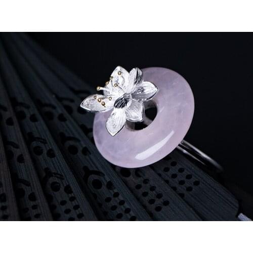 Natural jade Lotus Flower Open Rings 100% 925 Sterling Silver Jewelry For Women Elegant Lady Fashion Party Rings