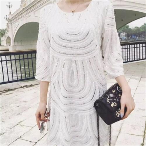 Vintage 1920s Gatsby Charleston Dress Women Vestido Shiny 3/4 Sleeve Scalloped Hem Sequin Beading Straight Party Chiffon Dress