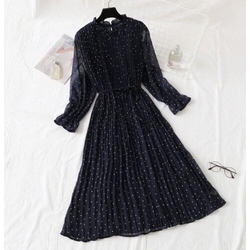 Spring Polka Dot Women Dress Chiffon Female Pleated Dress Summer Party Mid-Calf Loose Vestidos Female 2021