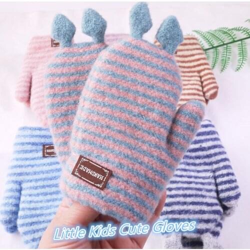 Winter 1-10 Years Old Children Full Finger Gloves Kids Cartoon Warm Soft Knitted Striped Mittens Girls Boys Play Outdoor Sports
