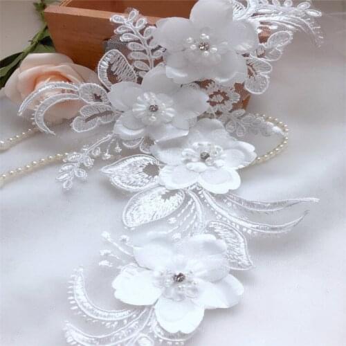 1 piece Off-white Alencon Lace Beaded Flower Appliques for Illusion bodice Head Scarf Bridal gown Sashes Millinery Appliques