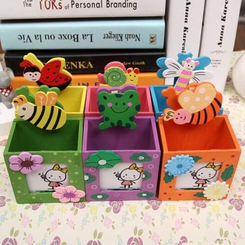 1PC Child Kids Cartoon Multifunction Wood Pencil Pen Holders Stationery Container Office Supplies