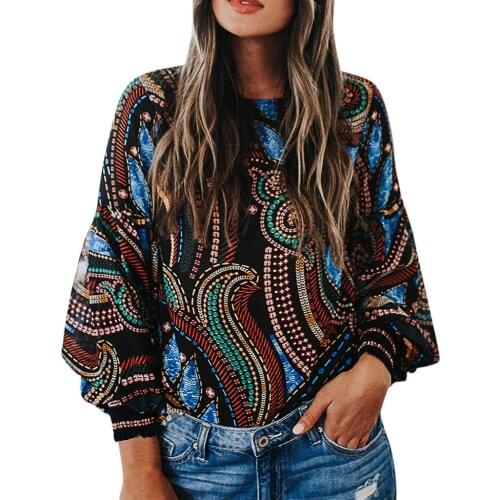 40# Casual Ethnic Style Vintage Blouse Women Lantern Sleeve O-neck Long Sleeves Pullover Blouse Loose Multi Tops Bluzki Damskie