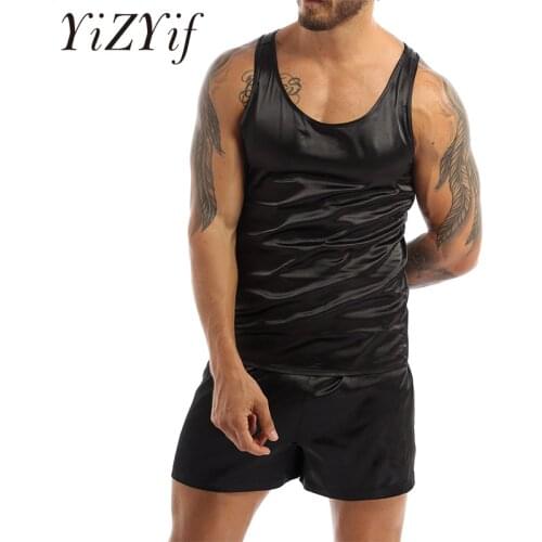 Men Satin Underwear Pajamas Nightwear Sleeveless Tank Top Shorts Sleepwear Nightclothes Summer Nightgown Loungewear Nightwear