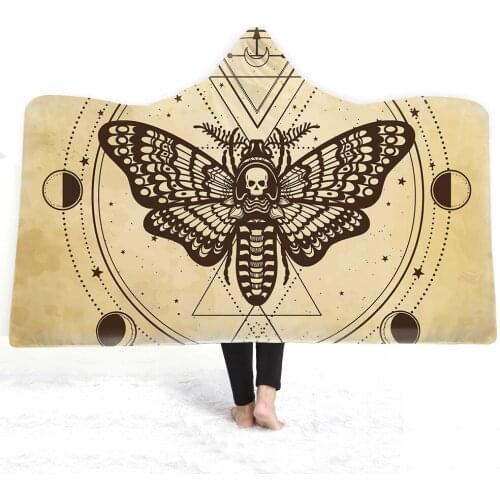 Free shipping Holiday Gift Mythology God Goddess Sun Moon Skull Moth Sherpa Fleece Hooded Blanket Sofa Throw Camping Travel