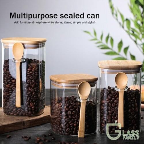 Borosilicate Glass Jar Airtight Food Container with Bamboo Lid Spice Storage Organization Matching Wood Spoon for Kitchen Items
