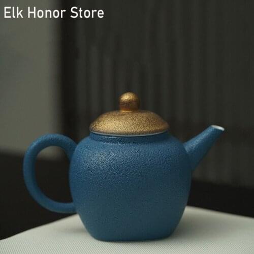 210ml Azure Color Coarse Ceramic Teapot Handmade Gold Cover Single Pots With Filter Kung Fu Tea Small Master Pots Gift Packaging