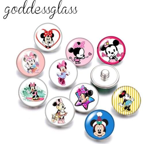 Disney Cartoon Minnie Mouse Cute 10pcs Round photo glass 18mm snap buttons for 18mm snap bracelets jewelry