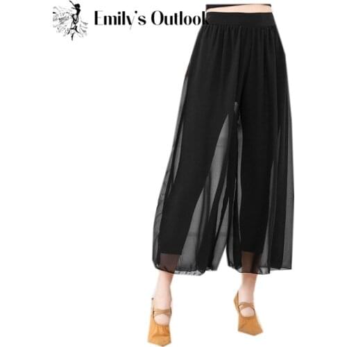 Womens Capris Dance Pant Flowy Skirted Leggings Long Sheer Wide Leg Dance Tights High Waist Loose Design Black