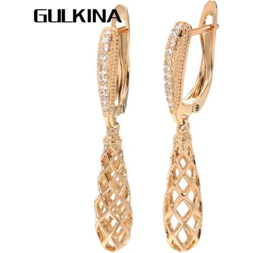 Gulkina Hot Ethnic Hollow Flower Long Earrings for Women Fashion 585 Rose Gold Wedding Jewelry Natural Zircon Dangle Earrings