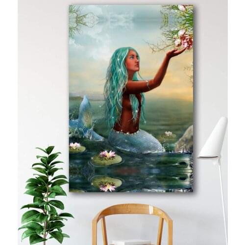 Canvas Painting Wall Art Poster Ocean Goddess Green Hair Mermaid Sea God Poseidon Printing Living Room Home Decor Artwork Mural