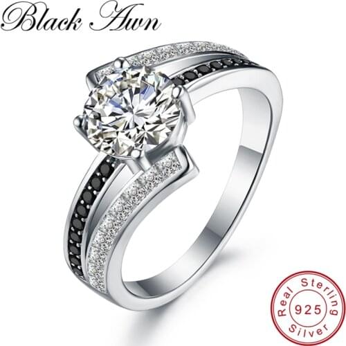 [BLACK AWN] Real 100% 925 Sterling Silver Jewelry Black Spinel Wedding Rings for Women Femme Ring Bague Gift C334