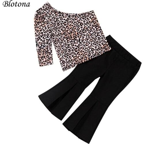 Blotona Girls T-shirt and Trousers Suit Fashion Leopard Oblique Shoulder Long Sleeve Tops and Solid Color Trumpet Pants,1-6Years