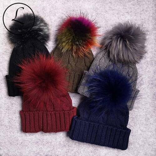 Soft Wool Women Beanies Hats Real Fur Pompom Winter Warm Black Knitted Skullies Beanie Fur Ball Hat Caps Femme Girls Gorros