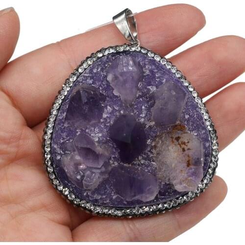 Natural Amethysts Druzy Diamon-Studded Pendants Triangle Charms Pendants for Jewelry Making DIY Necklace Size 50x55mm