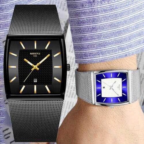 NIBOSI 2021 New Atmospheric Fashion Men Square Watch Top Brand Luxury Quartz Watch Mens Mesh Steel Waterproof Sports Clock