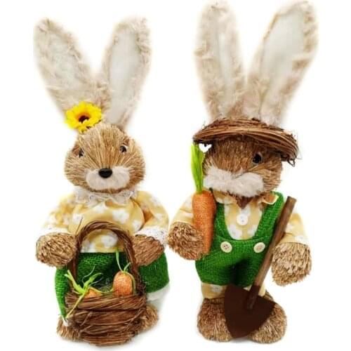 OOTDTY 2pcs Cute Straw Rabbits Bunny Decorations Easter Party Home Garden Wedding Ornament Photo Props Crafts