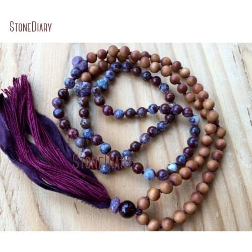 Raw Sandalwood Agates Knooted 108 Chakra Necklace Long Silk Sari Tassel Pendant Mala Beads Necklace for Calming NM11097