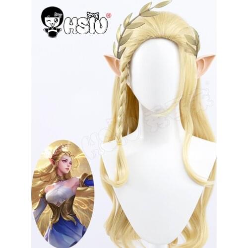 Ailin cosplay wig Game King of Glory cosplay「HSIU 」Fiber synthetic wig Creamy golden long hair gift wig cap+Elves Ear decoration