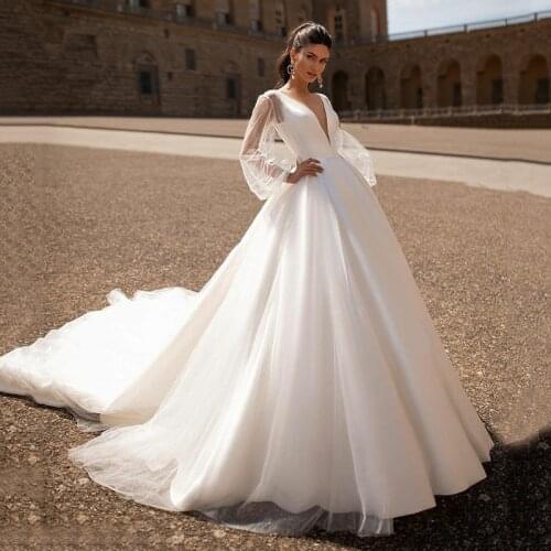 Princess Wedding Dresses Detachable Train Removable Skirt Long Sleeves Vintage Satin Bridal Gowns V Neck Backless Plain Ivory