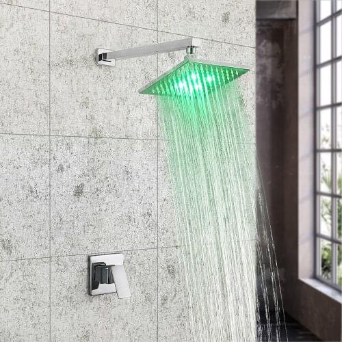 SKOWLL Polished Chrome Bathroom Shower Faucet LED Rain Shower Faucet 8 inch Shower System with Shower Arm Wall Mounted HG-8411