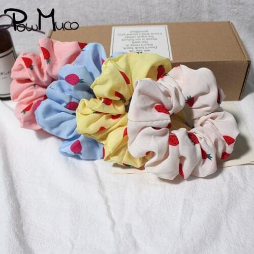 Powmuco Handmade Chiffon Large Intestine Hair Ring Printed Strawberry Pattern Elastic Hairband Clothing Accessories Girls Gifts