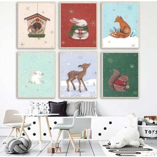 Deer Bird Rabbit Fox Squirrel Mouse Christmas Nordic Posters And Prints Wall Art Canvas Painting Wall Pictures Kids Room Decor