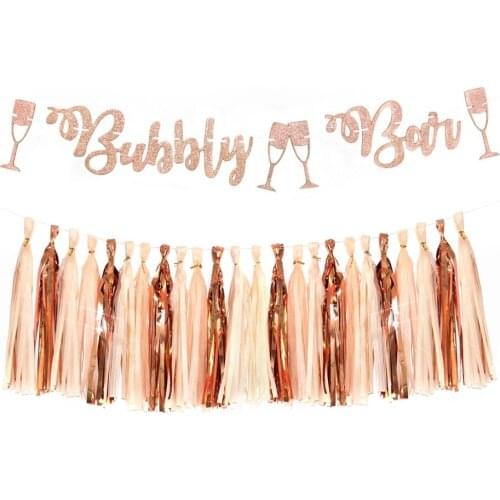 Rose Gold Hen Party Banner Decoration Tassel Bubbly Bar Glitter Letter Pull Fower Wedding Party Decoration Supplies