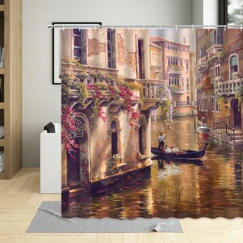 American Style Rural Ldyllic Oil Painting Scenery Shower Curtain Surrounded By Flower Town Art Decor Bathroom Curtains With Hook