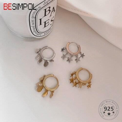Besimpol Real 925 Sterling Silver Star Hoop Earrings For Women Exquisite Elegant Round Tassel Earrings Female Party Fine Jewelry