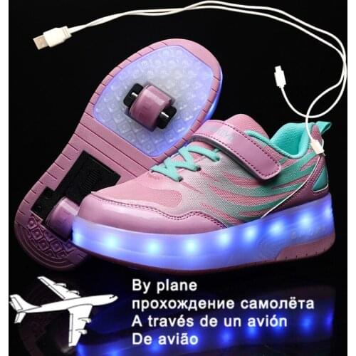 Blue 2021 New USB Charging Children Sneakers remote control Girls Boys Led Shoes Kids Sneakers With Wheels Roller Skate Shoes