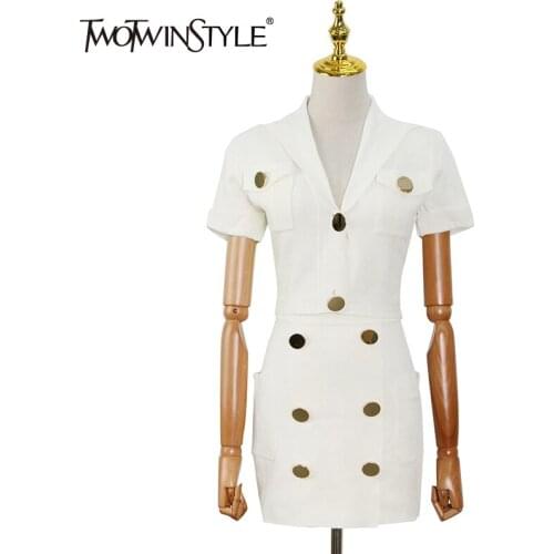 TWOTWINSTYLE Casual Patchwork Button Set For Women Notched Short Tops High Waist A Line Skirt Female Sets Fashion New Clothing