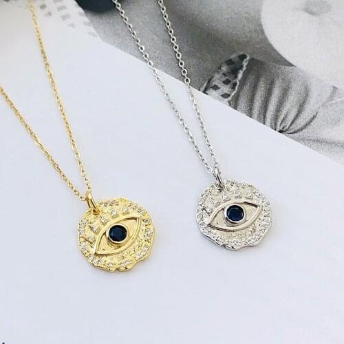 WTLTC 925 Sterling Sliver Disc Coin Pendant Necklaces Vintage Small Medallion Necklace Blue Color Eye Necklaces for Women 2020