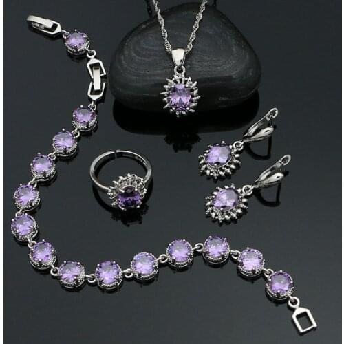 Egg Earrings Pendant Open Ring Chain Amethyst Bracelet 925 Sterling Silver Jewelry Set for Woman Birthday Gift Free Box