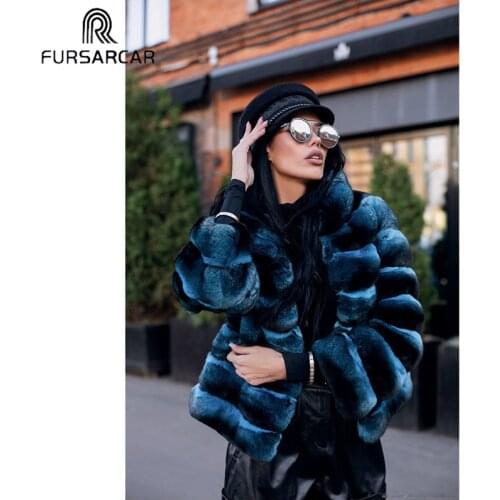 FURSARCAR Casual Blue Rex Rabbit Fur Coat With Fur Collar Women Warm Winter Jacket Luxury Slim Natural Fur Female Outwear 2020