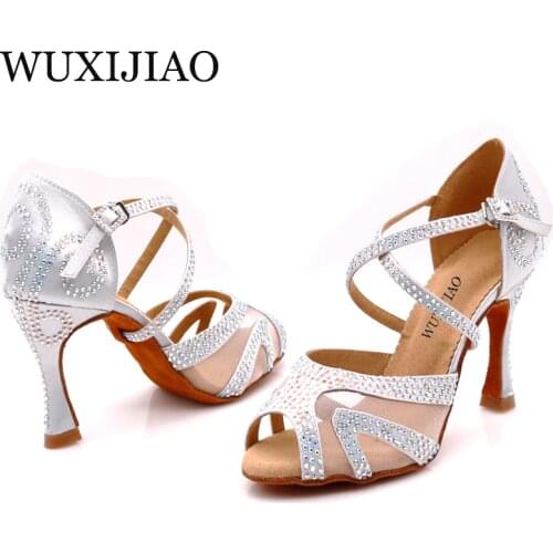 WUXIJIAO diamond silver satin Latin dance shoes ladies salsa party rhinestone ballroom dancing shoes womens shoes 9cm