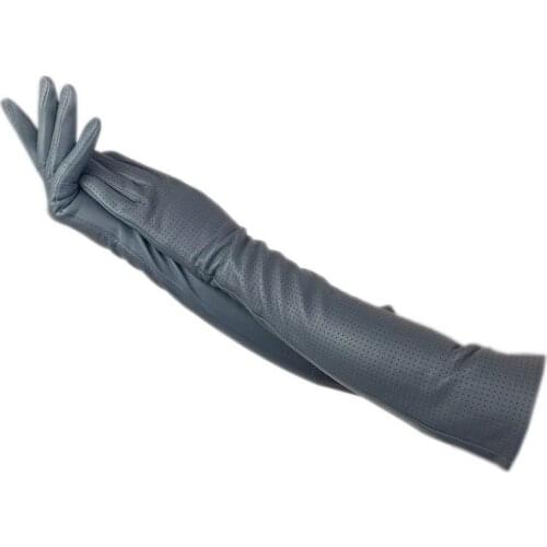 Winter ladies elbow fashion sheepskin gloves dark gray perforated leather new driving dress banquet warm leather silk lining 202