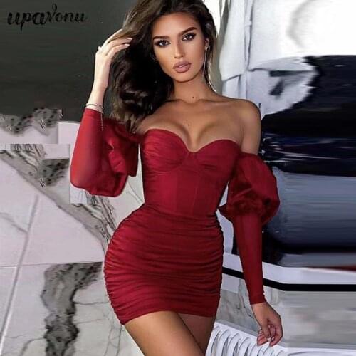 Free Shipping Fashion Women Sexy Off Shoulder Long Sleeve Burgundy Mini Bandage Dress 2021 Elegant Evening Party Dress Vestidos