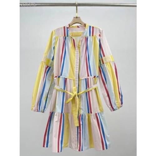 Runway Fashion Elegant Autumn Mini Dress Women Wrist Sleeve Vertical Stripe Printed Belt Beach Holiday Loose Party Hot Dress