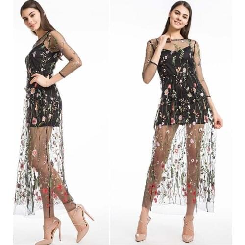 Organza Gauze Sexy See-through Strap Dress Women Summer bodycon Floral Embroidery Sweet girl Party Dresses Tight Elegant Dress