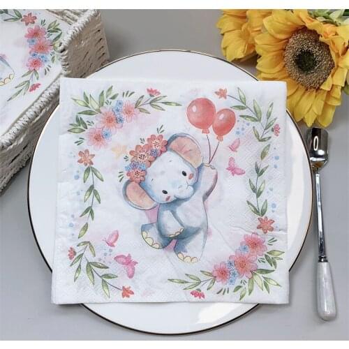 20Pcs/Pack Cute Elephant Balloon Decoupage Paper Napkins Kawaii Animal Tissues for Kids Birthday Party Childrens Day Decoration