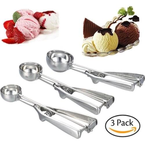 3PCS Stainless Steel Trigger Ice Cream Ball Maker Kitchen Accessories Trigger Ice Cream Scoop Set Cookie Spoon Melon Scoop