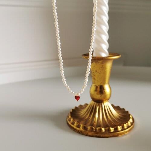 Amaiyllis s925 Sterling Silver Red Heart Pearl Necklace Temperament Punk Choker Collar Necklace For Female Jewelry