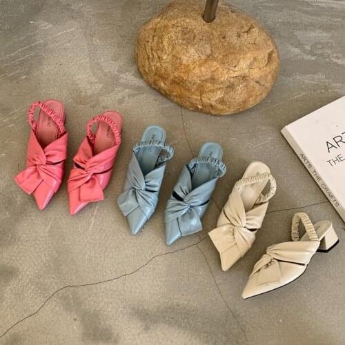Chic Pointed toe bow-knot modern sandals women mules two ways summer shoes thick heels pleated elastic band sandalias mujer 2021