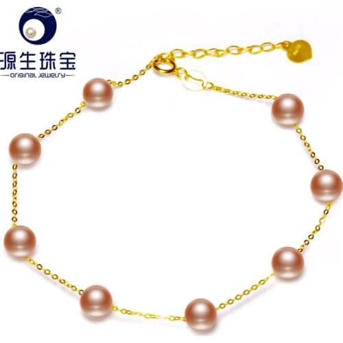YS 18K Solid Gold 5-6mm Pink Chinese Freshwater Pearl Bracelet Fine Jewelry For Women