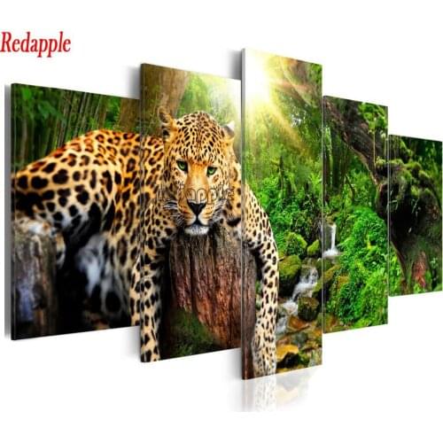 Wild Animals Leopard Cheetah Painting 100% full square round Drill 5pcs Diamond Painting Cross Stitch Mosaic Embroidery home art