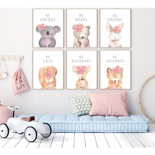 Canvas Posters Prints Lovely Cartoon Animal With Flowers Bunny Inspirational Phrase Picture For Nursery Wall Art Kids Room Decor